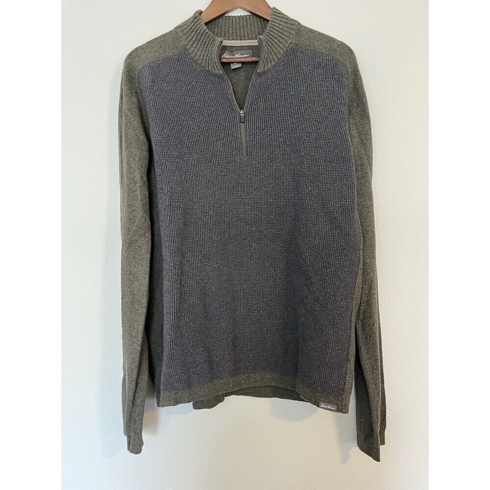 Eddie Bauer Sweater Men’s L 1/4 Zip Pullover‎ Gray Green Waffle Knit Cotton Wool